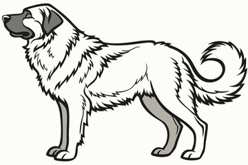 Majestic Livestock Guardian Dog Standing Profile with Thick Fur and Elegant Curl Tail Silhouette isolated on a White Canvas Backdrop