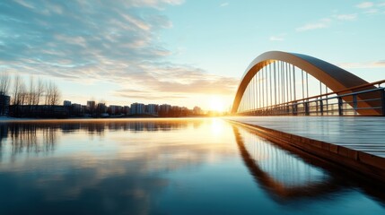 Naklejka premium This stunning sunset view features a gracefully arched bridge reflecting in calm waters, creating a serene atmosphere that evokes tranquility and appreciation for nature's beauty.