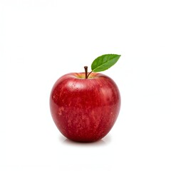 Single Red Apple with Leaf on White Background