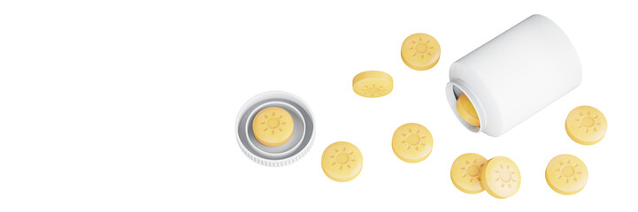 Pills of calcium with vitamin D supplements on transparent background. Symbol Sun - since sunlight helps produce vitamin D. 3d illustration