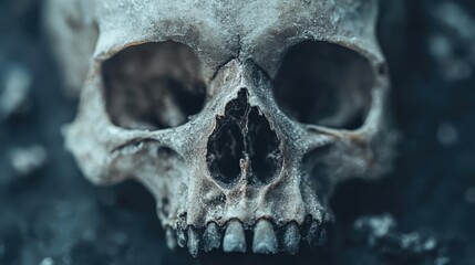 An intricately detailed close-up of an aged skull, portraying the themes of mortality, history, and the artistry found in nature's cycle of life and death captured uniquely.