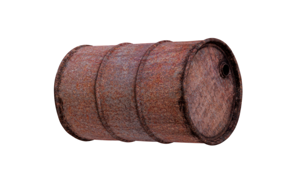 Overturned old barrel isolated on a transparent background. Rusted, retired metal barrel exhibiting clear signs of wear and oxidation. 3D illustration.