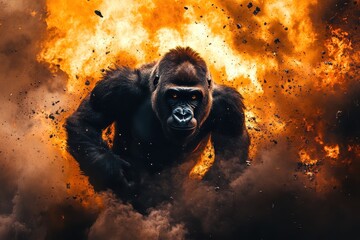 A fierce gorilla emerges amidst fiery destruction, eyes gleaming with intensity. Use for powerful concepts like strength, resilience, or overcoming adversity.