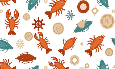 A seamless nautical seafood-themed vector pattern featuring stylized marine elements, lobsters, crabs, shrimp, oysters, clams, and squid rings. Include additional nautical symbols, easily editable.