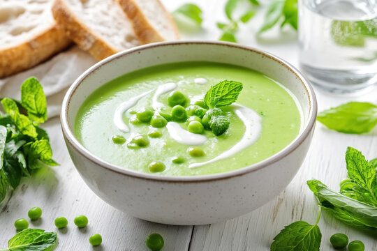 Creamy Pea Soup with Fresh Mint. A rustic bowl filled with vibrant green pea soup garnished with fresh mint leaves, cream, and peas. - Powered by Adobe