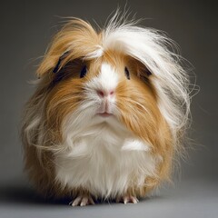 Naklejka premium Closeup Portrait Of A Fluffy Brown And White Guinea Pig Against A Gray Background