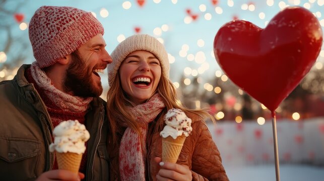 A joyful couple bundled in winter attire laughs while sharing ice cream cones in a romantic setting, surrounded by festive lights and heart decorations, radiating love and happiness. - Powered by Adobe