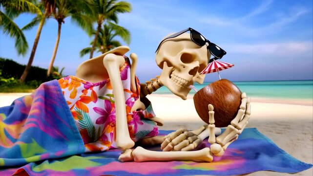 Medium shot of a funny skeleton in a floral shirt and sunglasses relaxing on a tropical beach drinking a coconut cocktail