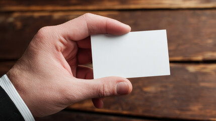 Obraz premium A hand holding a blank business card on a rustic wooden background.
