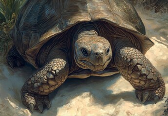 Naklejka premium Close Up Of A Large Brown Tortoise On Sandy Ground