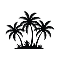 Three Palm Trees Silhouette with Grass on a White Background