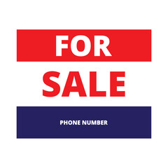 Red, blue and white for sale sign on a white background