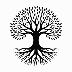 Black and White Tree of Life Silhouette with Roots and Branches