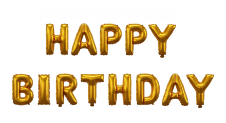 Golden happy birthday balloons text isolated on transparent background