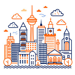 Fototapeta premium Urban skyline illustration with buildings and clouds in orange and blue 