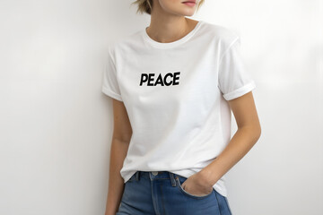 Obraz premium Young woman wearing white t-shirt with 'Peace' text on wall 