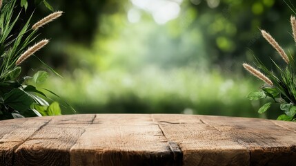 Fototapeta premium An inviting natural wood table placed in a vibrant outdoor setting, surrounded by lush greenery, perfect for nature lovers and advocates of outdoor dining and relaxation.