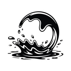 Stylized Black Water Splash Illustration with Droplets on a White Background