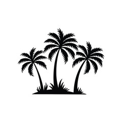 Three Palm Trees Silhouette with Grass on a White Background