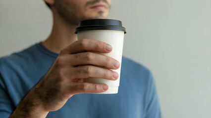 Young man in a blue shirt is holding a disposable cup of coffee, enjoying his morning beverage, representing daily routine, and casual moments in a modern lifestyle.