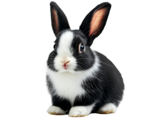 Adorable black and white bunny rabbit sitting upright with fluffy fur and perked ears on a white background, perfect for animal lovers and pet enthusiasts