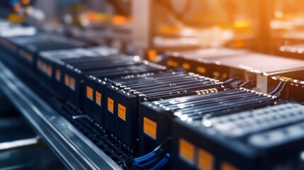 Close Up Of Rows Of Black Rectangular Industrial Components On A Metal Assembly Line