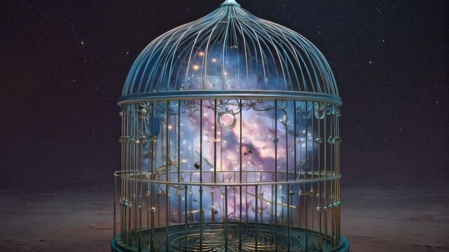 Unique birdcage with a galaxy inside, showcasing an otherworldly blend of nature and space in a surreal setting