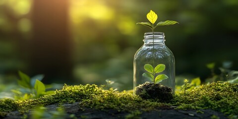 Green Plant Growing Inside Jar Surrounded by Lush Forest Background