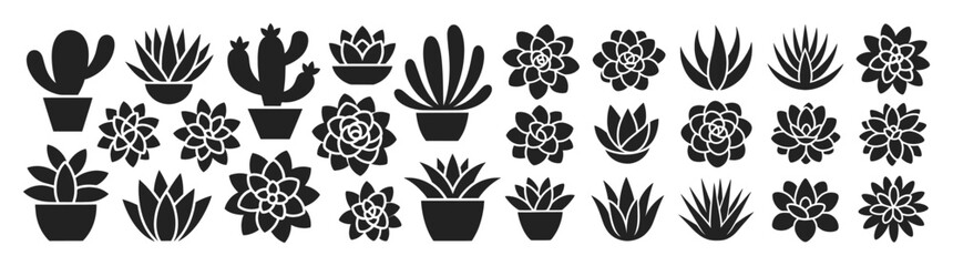 Succulent and cactus plant icons in silhouette vector illustration. Includes diverse potted and unpotted botanical elements with stylized shapes and foliage.