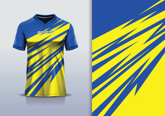 T-shirt mockup abstract stripe line jersey design for football, soccer, racing, esports, running, in blue yellow color