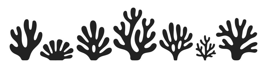 Minimal black silhouettes of branching coral shapes in a row, vector illustration set. Simplified marine nature designs with organic curves and bold forms.