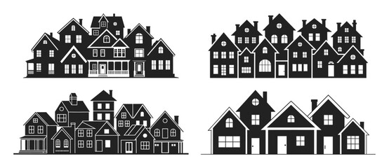 Silhouettes of suburban house clusters with varied rooflines and architectural details, vector illustration. Includes family homes with porches, chimneys and windows.