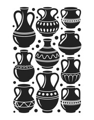 Collection of decorative amphora and ancient pottery silhouettes with ornate patterns, vector illustration set. Black vases feature traditional double handles and geometric designs.