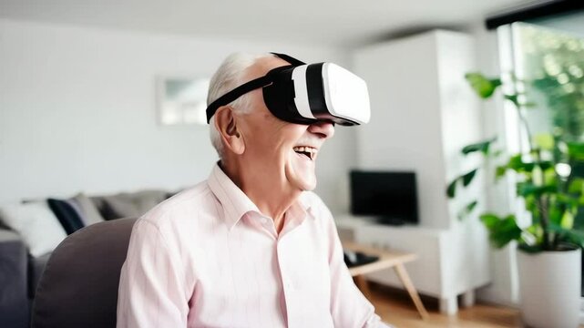 Joyful senior in VR: redefining leisure and learning at home.