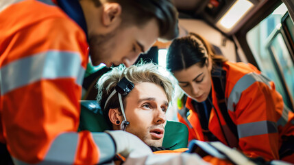 Obraz premium Team of emergency medical service rescuing patient. Emergency medical service at work. Help on the road. First aid for injured. Team of EMS Paramedics React Quick to Provide Medical Help to Injured