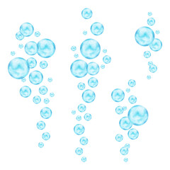 Set of vertical water bubble streams. Watercolor illustration. Blue transparent underwater element. Hand drawn isolated art. Soap bubbles for sea, underwater, cosmetic themes, childrens projects