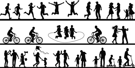 Silhouette of family, children playing, outdoor activities, running, cycling, skipping, togetherness, fun time, parenting, active lifestyle, happiness, bonding