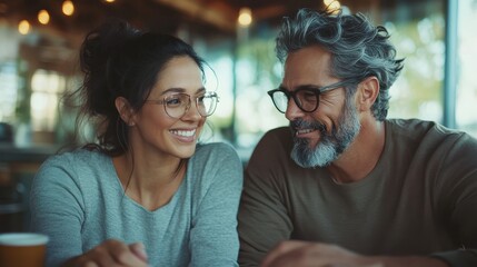 A joyful couple sitting together, sharing smiles over coffee, capturing a warm and connected moment, showcasing their companionship and happiness in a cozy cafe setting.