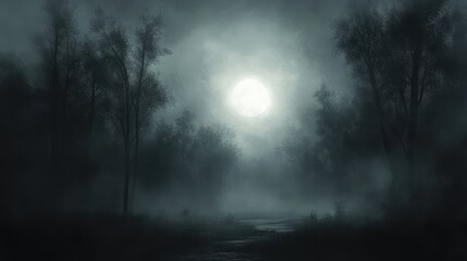 Fototapeta premium Moonlight filters through the dense fog of a dark, wooded area. Use this eerie image for dark fantasy or spooky Halloween projects.
