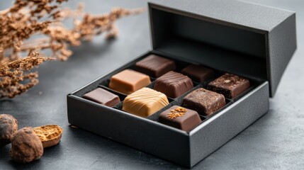 A visually appealing assortment of gourmet chocolates arranged artfully in an elegant black box, perfect for gifting or enjoying a luxurious treat.