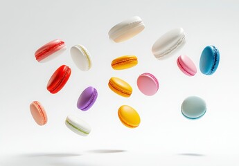 Colorful Macarons Levitating Against Plain Background