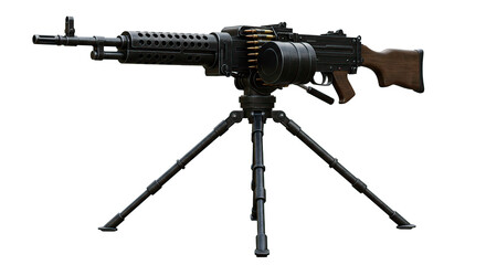 A classic machine gun with a detailed tripod, showcasing military weaponry.