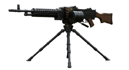 A classic machine gun with a detailed tripod, showcasing military weaponry.