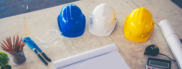 Banner construction engineer office desk architect workplace. Banner engineer draw blueprint...