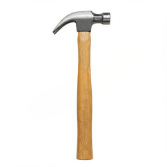 Claw hammer with wooden handle isolated on white background, essential hand tool for carpentry, construction, woodworking, DIY projects, home repair, hardware or industrial equipment design