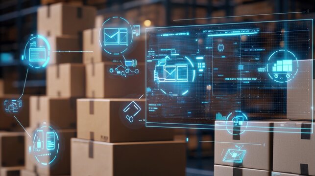Advanced digital interface displaying holographic data and automation tools for efficient warehouse management and supply chain logistics