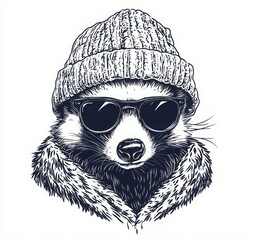 Fototapeta premium Cute Raccoon Wearing a Knitted Hat and Sunglasses