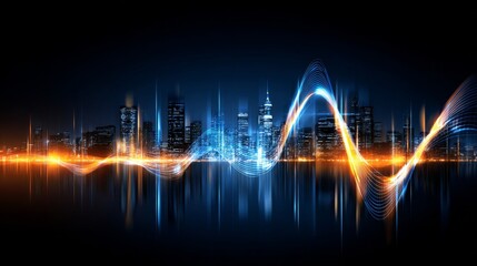 Dynamic city skyline silhouette at night with dark blue and black skyscrapers, vibrant glowing light trails in blue and orange, creating a sense of movement and modern technological energy.