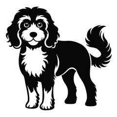 Stylized Black and White Dog Illustration Cute Canine with Curly Hair and Fluffy Tail Pet Animal Clipart