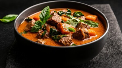 A rich, flavorful beef stew served in a black bowl, garnished with fresh basil leaves, highlighting mouthwatering chunks of meat and vibrant vegetables in a savory broth.